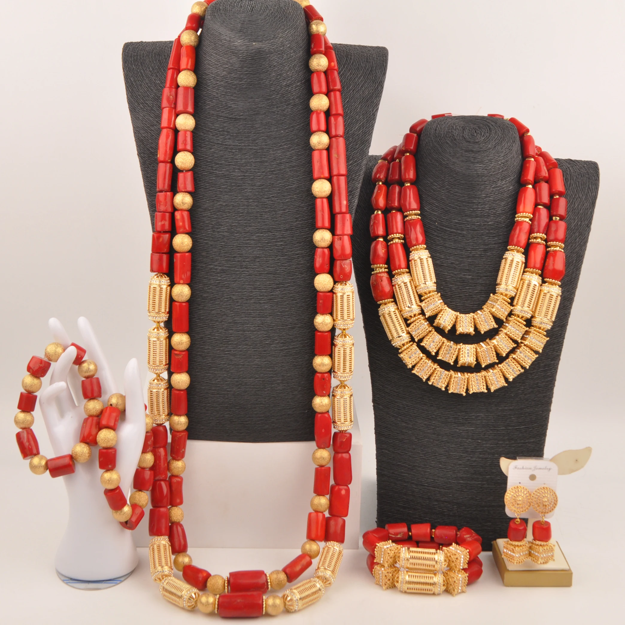 African Wedding Couple Jewelry Set Real Red Coral Bead Necklace Sets