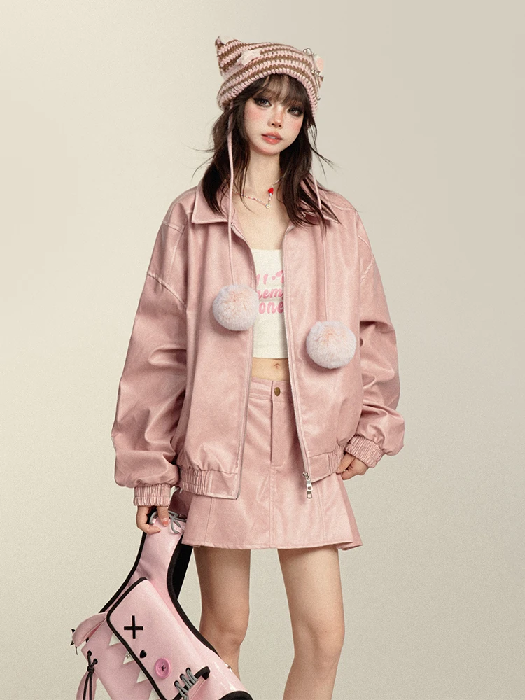 レトロ97 レディースバイカージャケットとAラインミニスカートセット 秋ファッションアウター 長袖ジッパー開閉