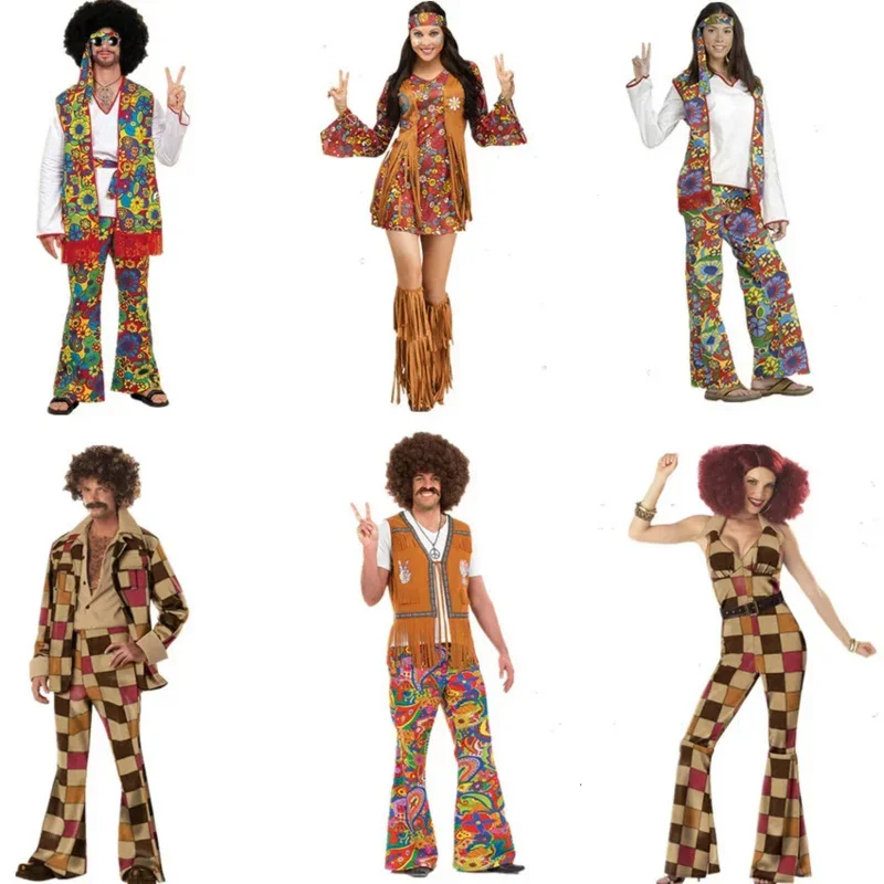 Retro 60s 70s hippie cosplay carnaval traje de halloween para homens mulheres fantasia disfarce roupas festa franjas nativo night club mn