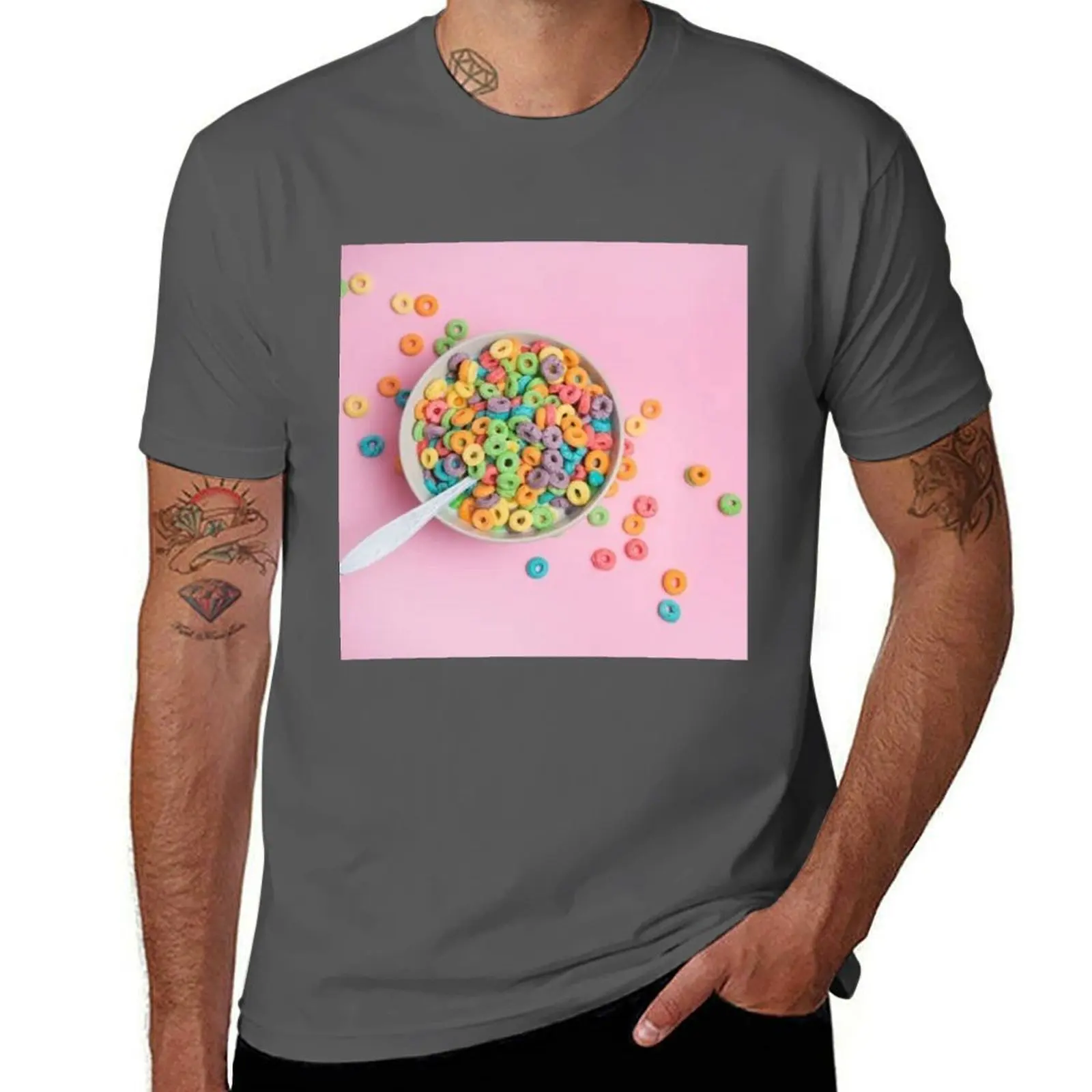 Camiseta gráfica con estampado de cereales Froot Loops, camiseta informal de manga corta para el día a día