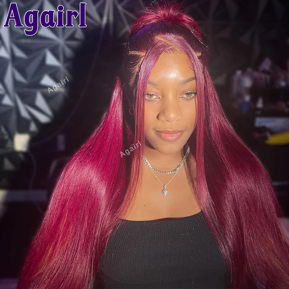 Perruque Lace Front Wig sans colle naturelle, cheveux lisses, bordeaux, vin rouge, 13x6, 13x4, pre-plucked, 5x5, 200%