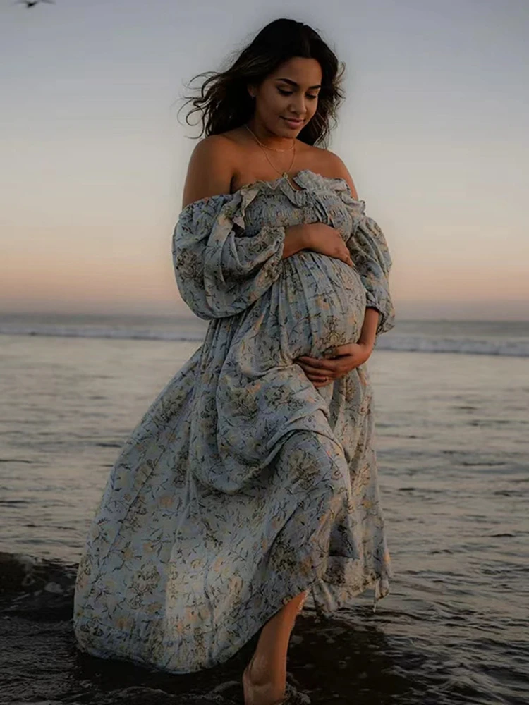 

Boho Floral Maternity Dress Photography Backless Half Sleeve Ruffle Maxi Gown for Pregnant Women Gender Reveal Party Outfit