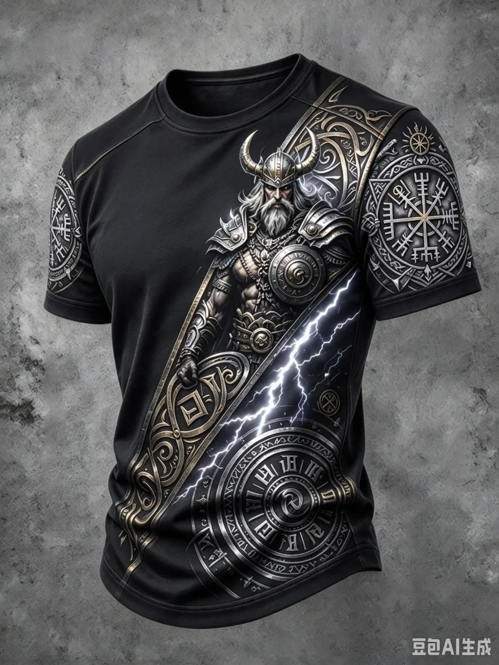 Viking Dragon Boat 3D Print Men's Round-neck T-shirt-Nordic Mythology Flame Lightning Rune Compass Pattern Casual Streetwear Top