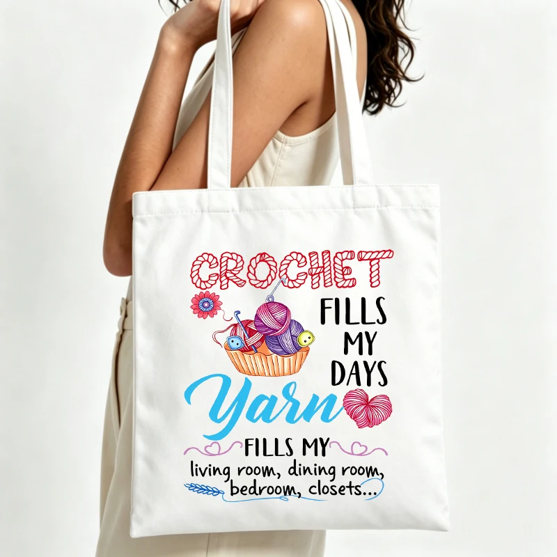 Women's crochet and yarn graphic canvas tote bag with typography print, perfect for daily crafting and casual shopping