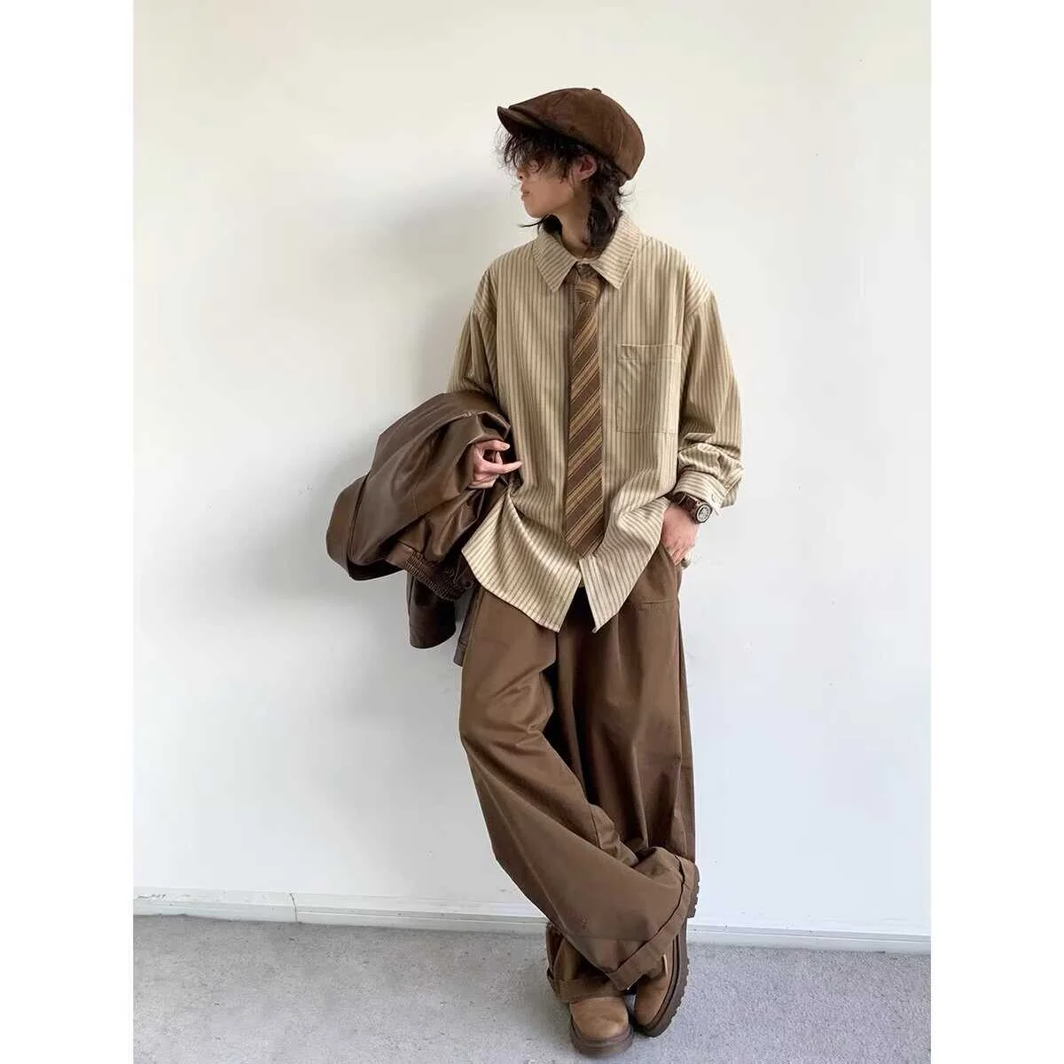 

Loose Long Sve irt ex Casual Sle Retro Japanese Striped Pattern All-Match Spring Autumn Winter Seasonal Youth Faion