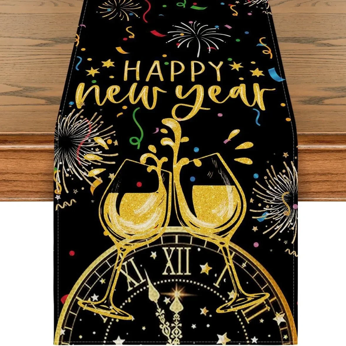 New Year Runner Champagne Clock Wine Glass Linen Tablecloth Luxury Gold Pink Birthday Wedding Dinner Party Table Decor Scarf