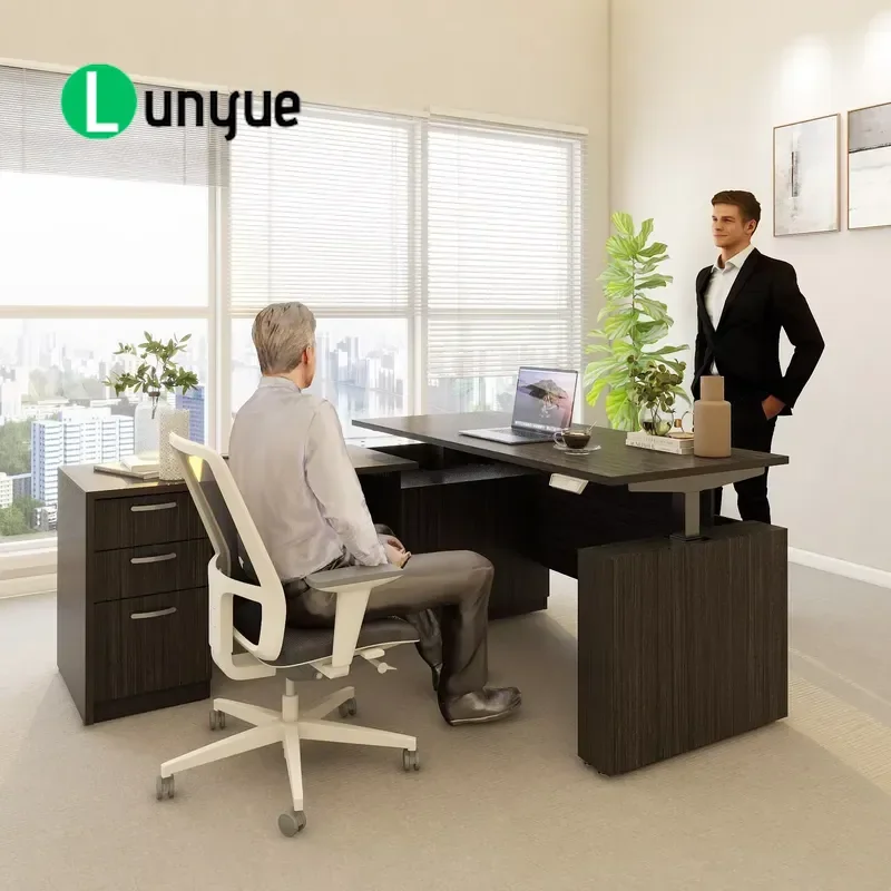 L Shaped Executive Standing Desk Adjustable Height with Cabinet BBF Base Office Furniture for Home Workstation Ergonomic