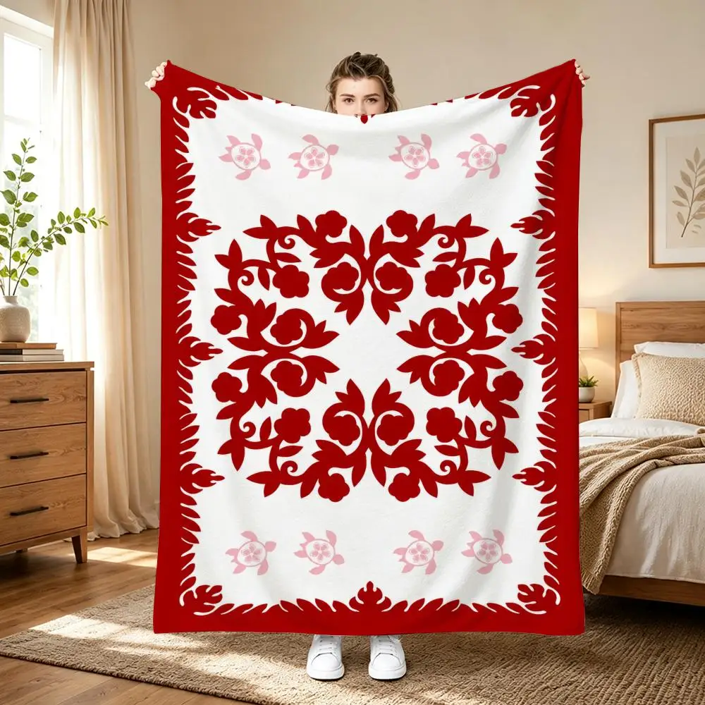 Folk Floral Tile Pattern Throw Lightweight 240g Flannel Blanket Soft Skin-friendly for Summer Cooling