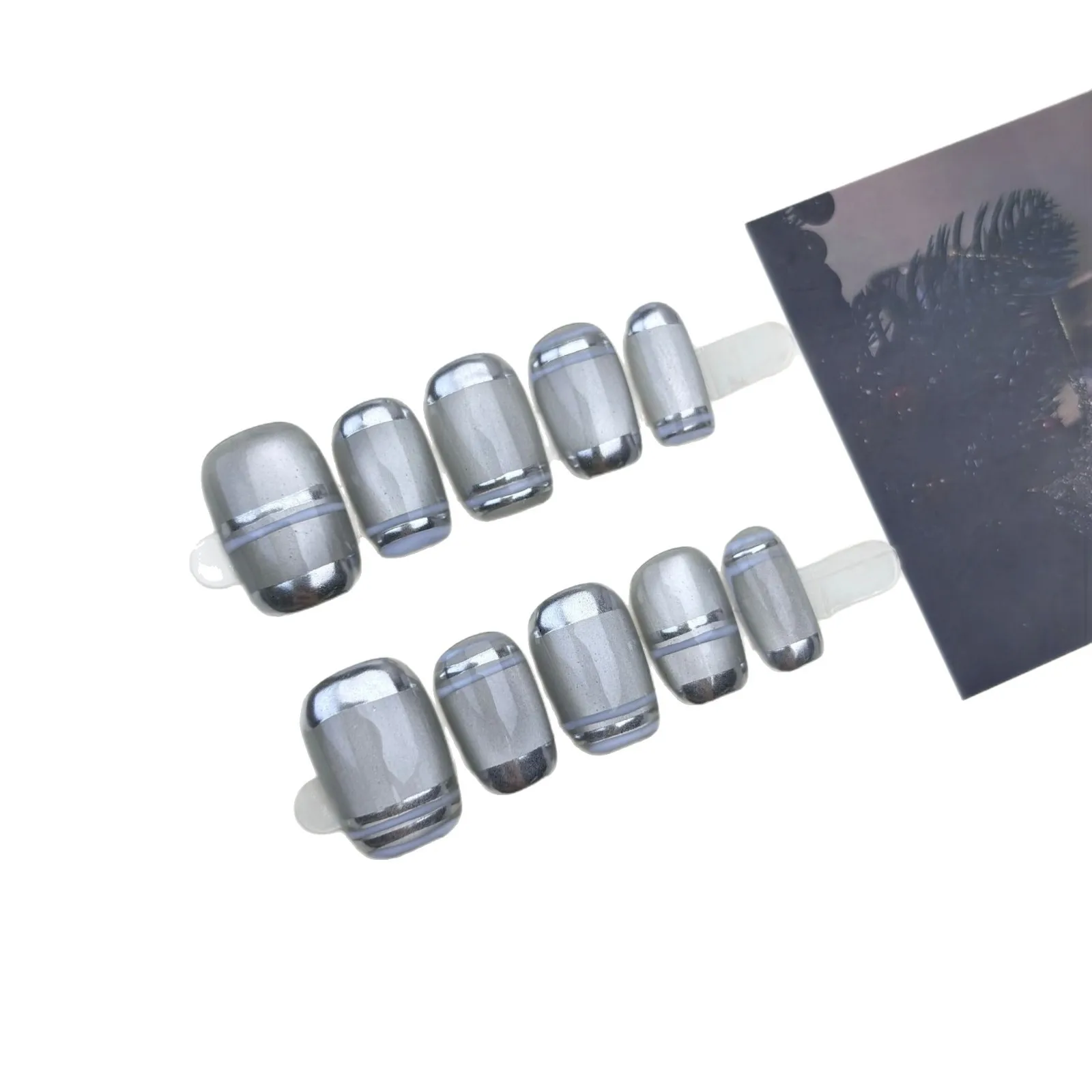 10pcs Handmade Press on Nails Mirror Silver Electroplated Cat's Eye Nail Polish False Nail for Women&Girl Detachable Fake Nail