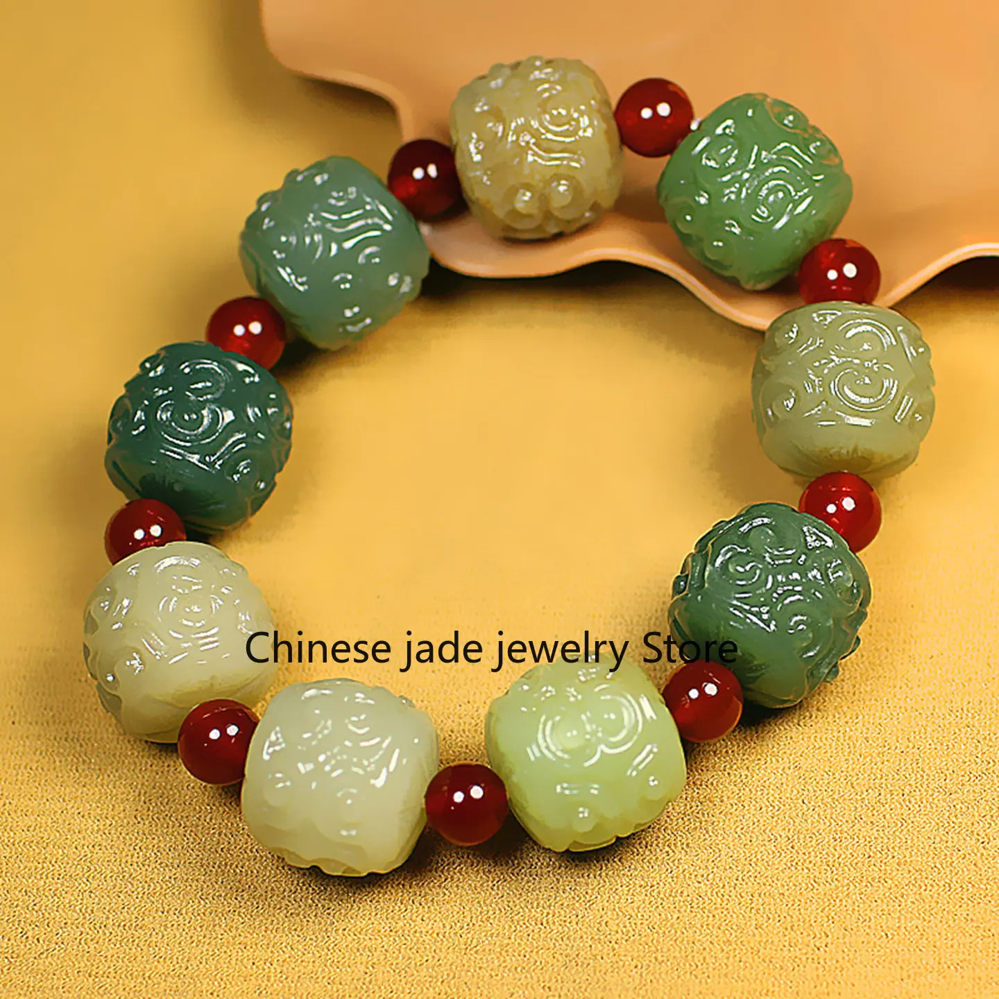 Natural genuine Hetian jade Duobao bracelet, drum-shaped antique pattern, old-fashioned pearl jade bracelet, men's and women's j