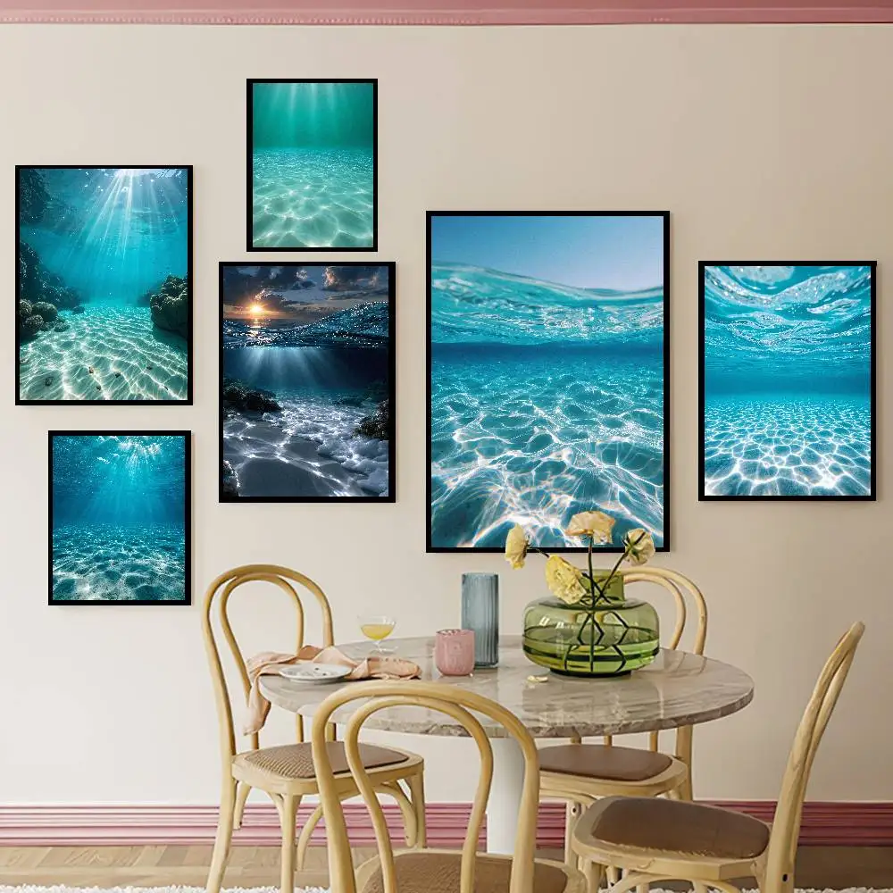 Cool Underwater Ocean Scenery Poster, Clear Turquoise Blue Sea Sunlight Rays Through Water Art Tropical Seabed Landscape Poster