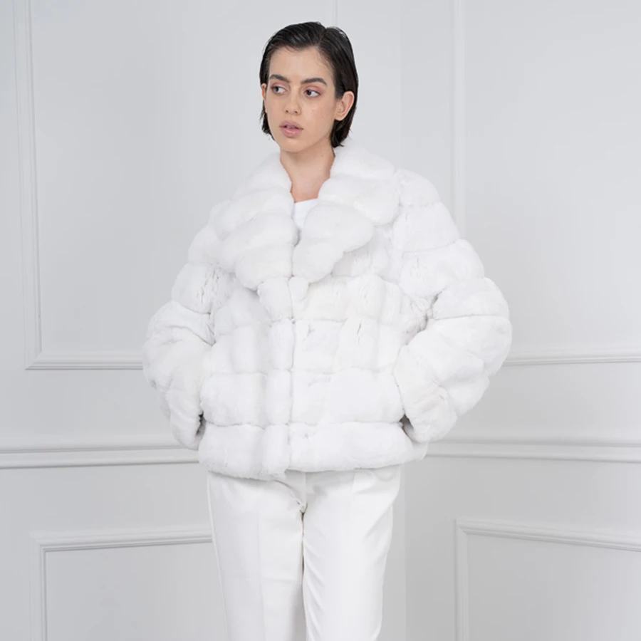 

Rabbit Fur Jacket For Women Chinchilla Rex Rabbit Fur Coat Short White Fur Coat Turndown Collar Winter Coats Woman 2024 Warm