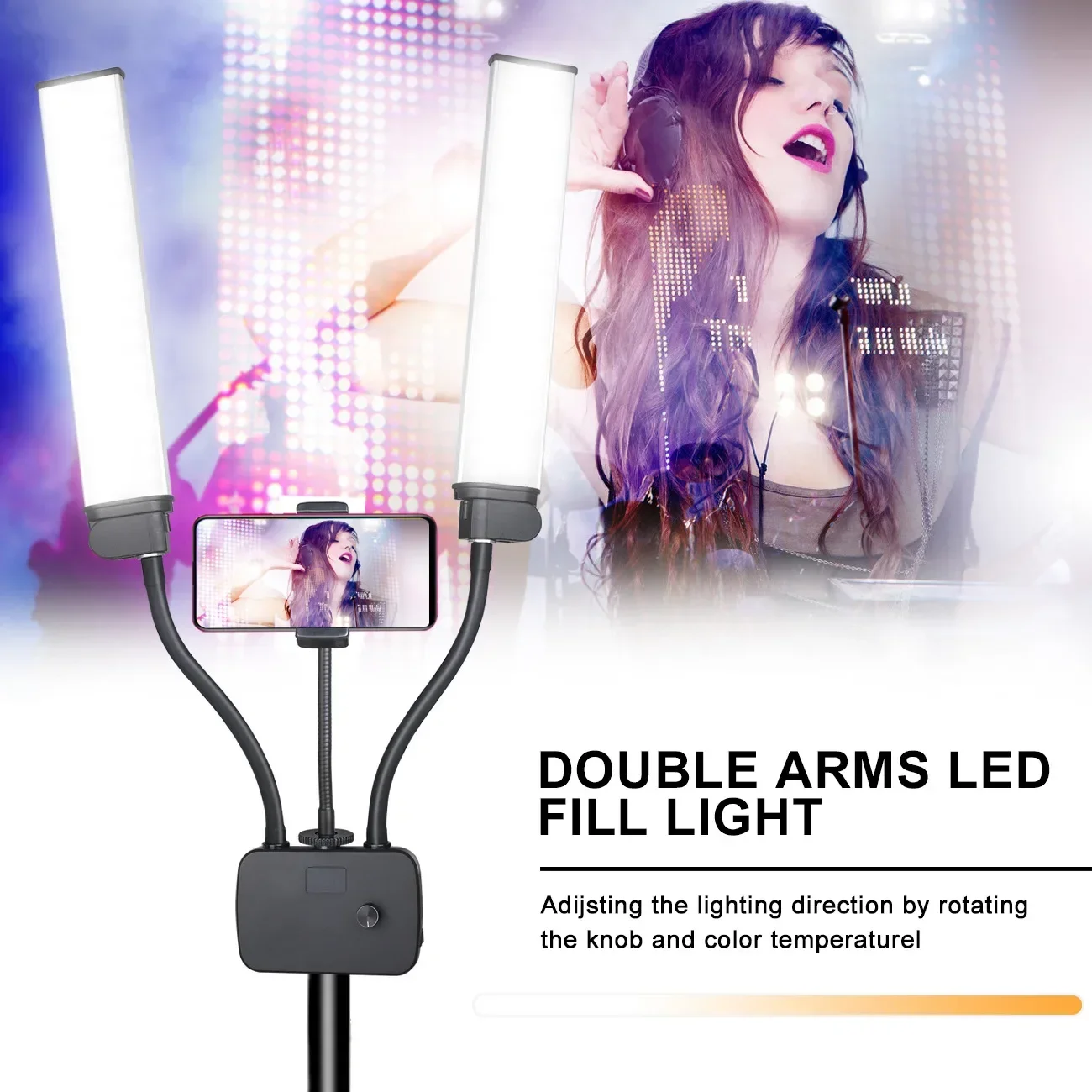 Flexible Double Arms Wide Angle Fill Light 3200-5600K Dimmable LED with Phone Holder for Youtuber Vlog Makeup Tiktok Live Stream