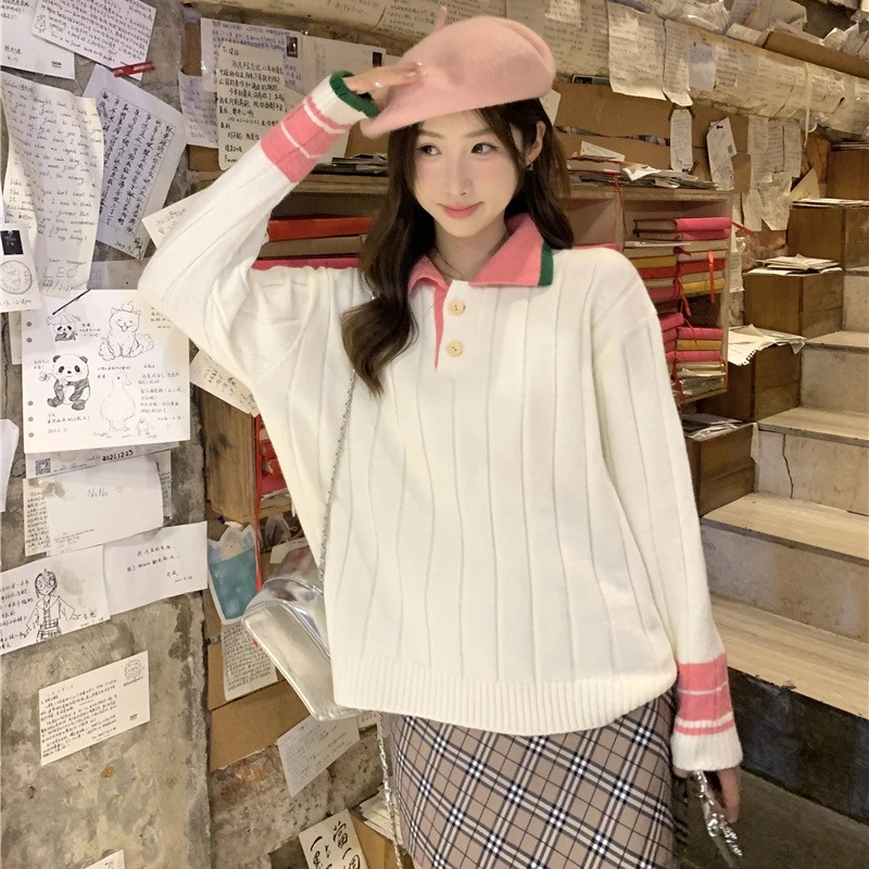 Sweet Color Collision Pullovers Women Long Sleeve Polo-neck Autumn and Winter New Japanese Style Short Knitted Sweaters Female