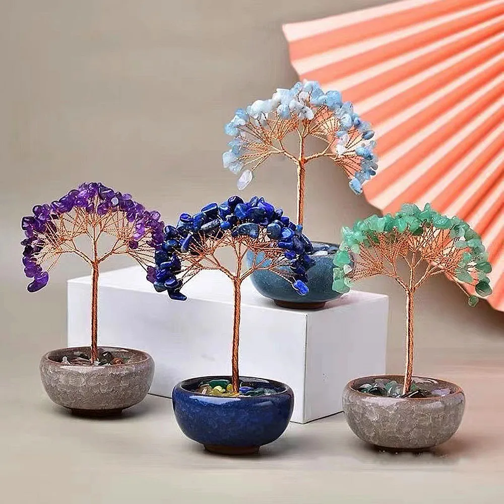 17cm Collective Wealth Tea Pot Base Crystal Money Tree,Positive Energy for Health/Wealth/Love/Success Home/Office Decorations