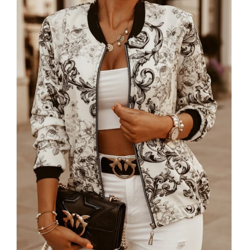 Casual Floral Printed Plus Size Jacket Autumn Elegant Zipper Coat Office Wear Slim Office Jackets Vintage Outwear 2024