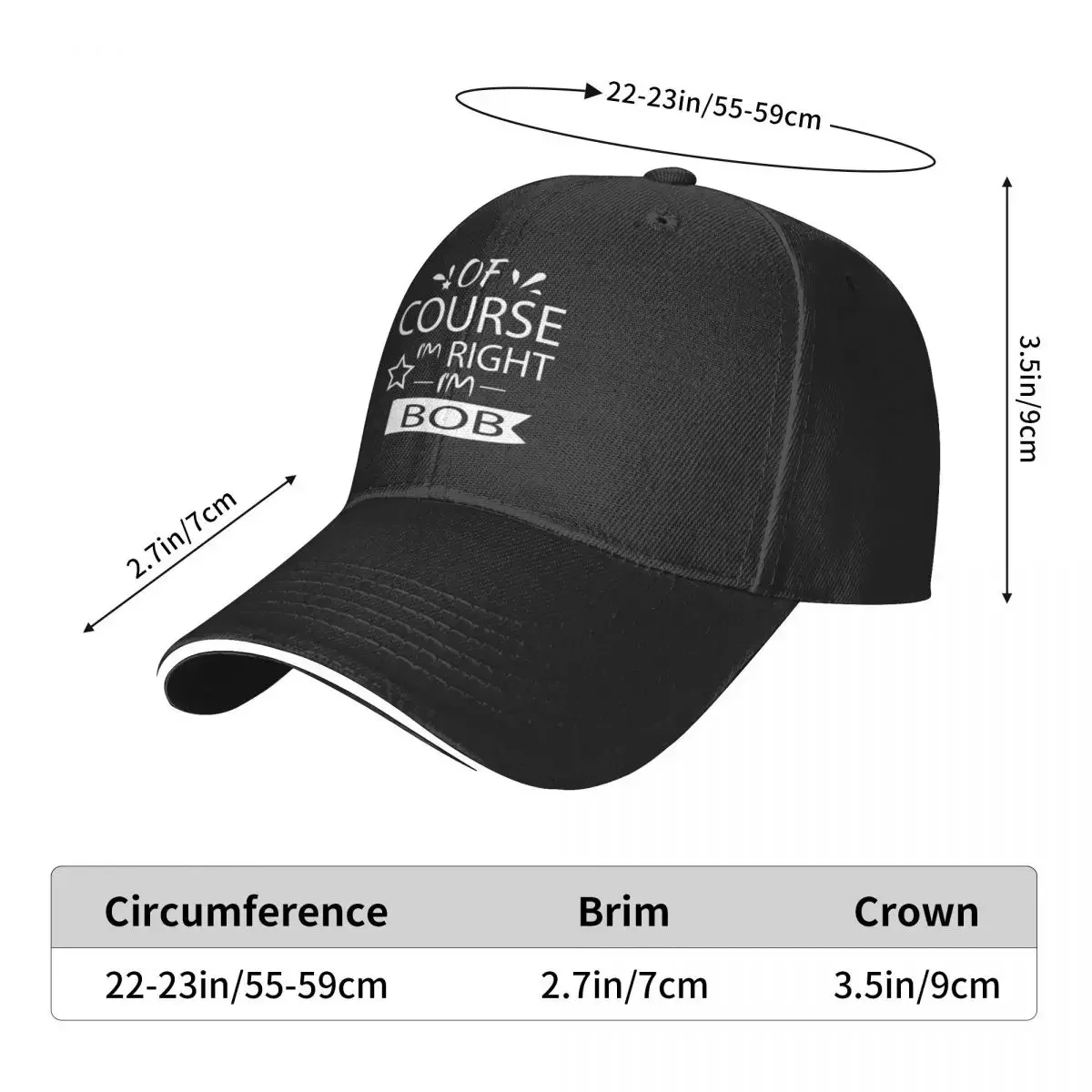 OF COURSE I'M RIGHT I'M BOB - Gift Personalized Name Baseball Cap western Hat Snapback Cap Rave Men's Women's