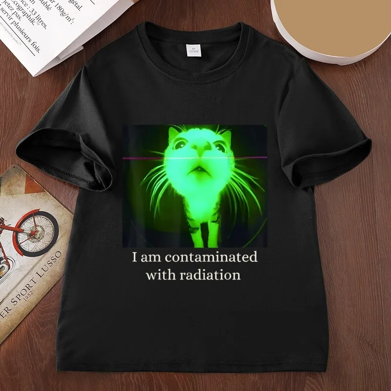 Men's Comfy Soft Cotton Basic T Shirt Short-Sleeve Round Neck T-Shirts Breathable Funny I Am Contaminated with Radiation Cat