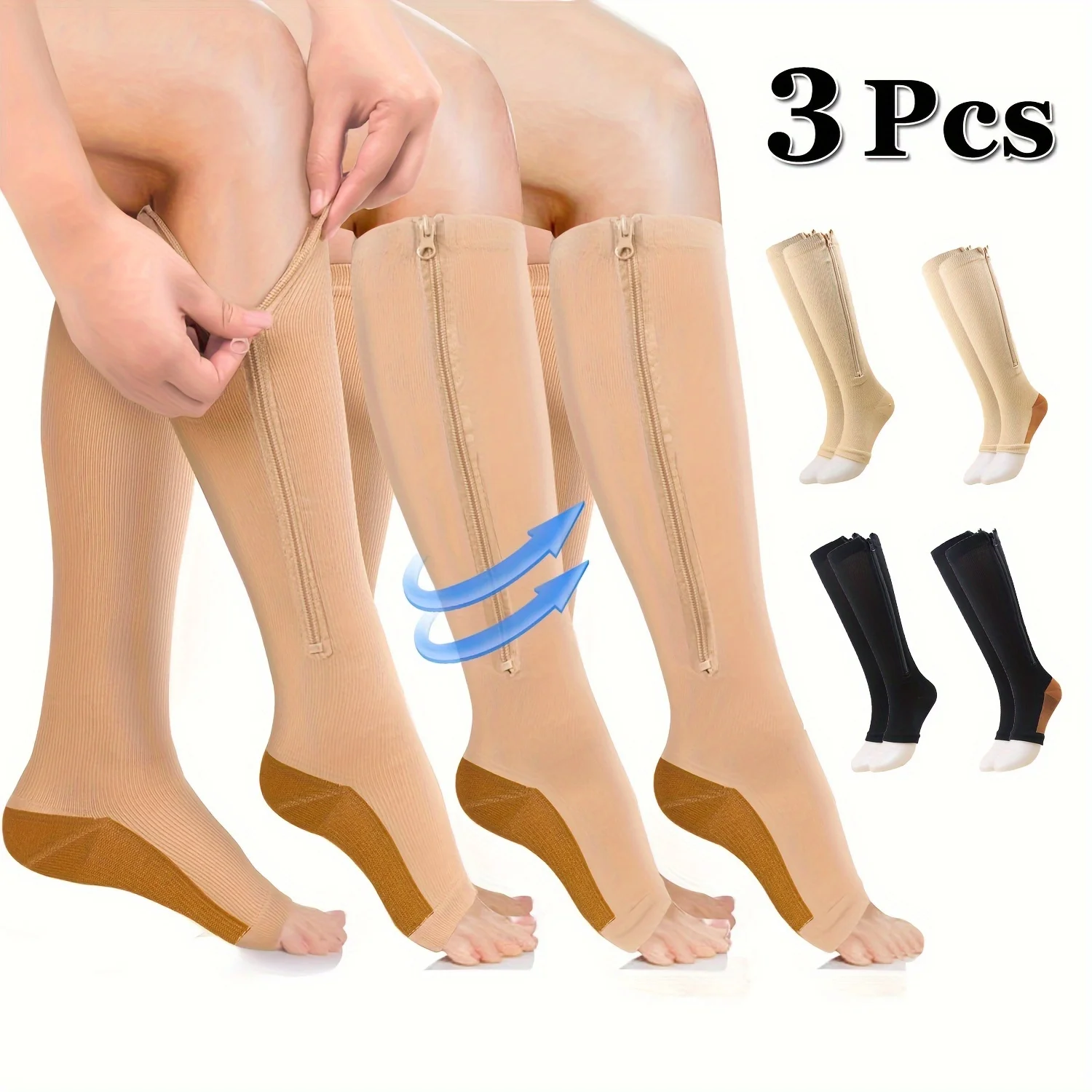 3 Pairs Zippered Toeless Thigh-High Compression Socks - 20-30mmHg Support for Running