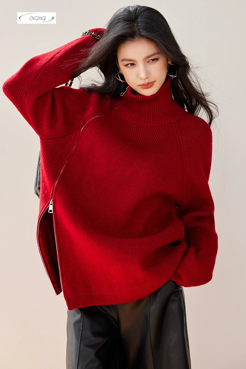 

Зимняя толстая водолазка, красный свитер для женщин, модный свободный теплый вязаный пуловер на молнии с длинными рукавами, топы, трикотажная одежда 3642