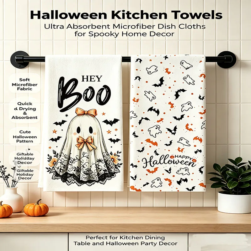Halloween Kitchen Towels Set, Super Absorbent Microfiber Dish Tea Towels, Fall Farmhouse Home Decor Gift for Holiday