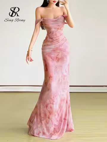 SINGREINY 2026 Fashion Holiday Luxury Print Long Dress Mesh Floral Bohemian Sundress French Shapewear Corset Party Evening Dress