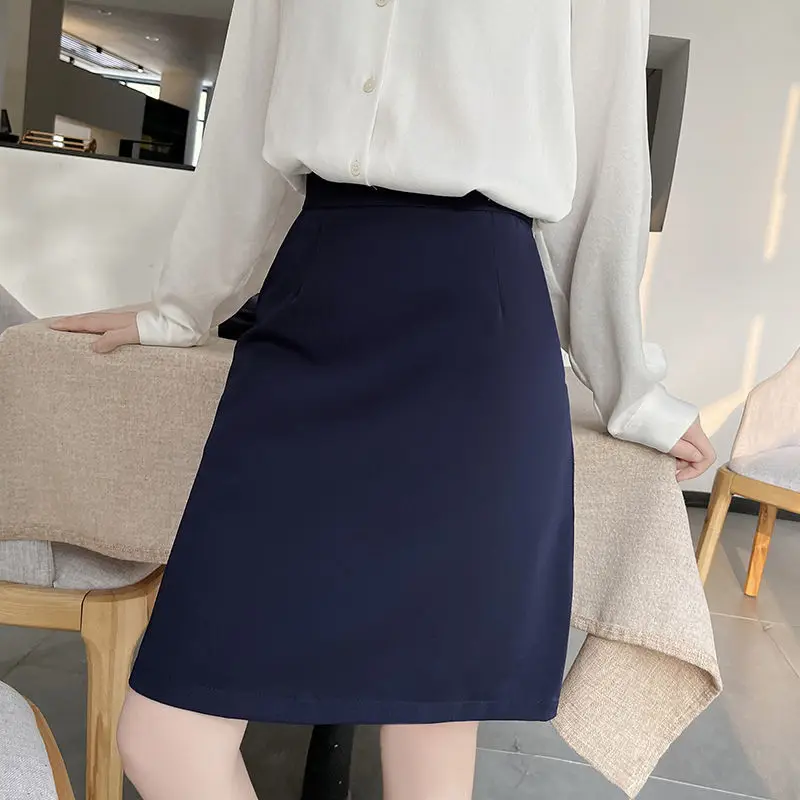 Saias femininas avental de algodão retalhos saia alargamento cafeteria workwear retro utilitário bolso moderno mulher madura escritório wear