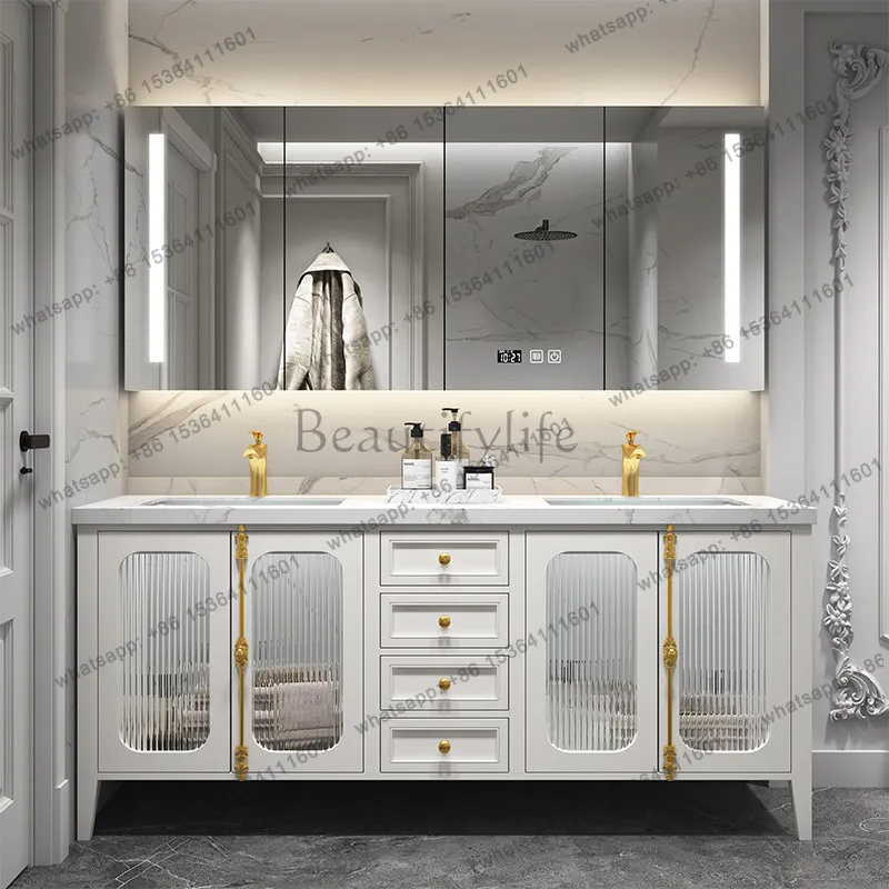 American bathroom cabinet combination oak solid wood floor-to-ceiling double basin rock slab bathroom cabinet