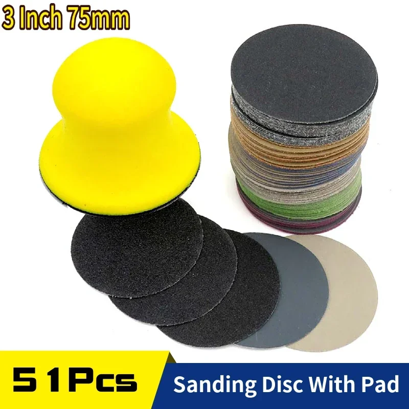 

50pcs 3 Inch 75mm Wet/Dry Sanding Discs Hook Loop Sandpaper Assorted 400 to 10000 Grit With 1 Pcs 3 Inch Hand Sanding Block