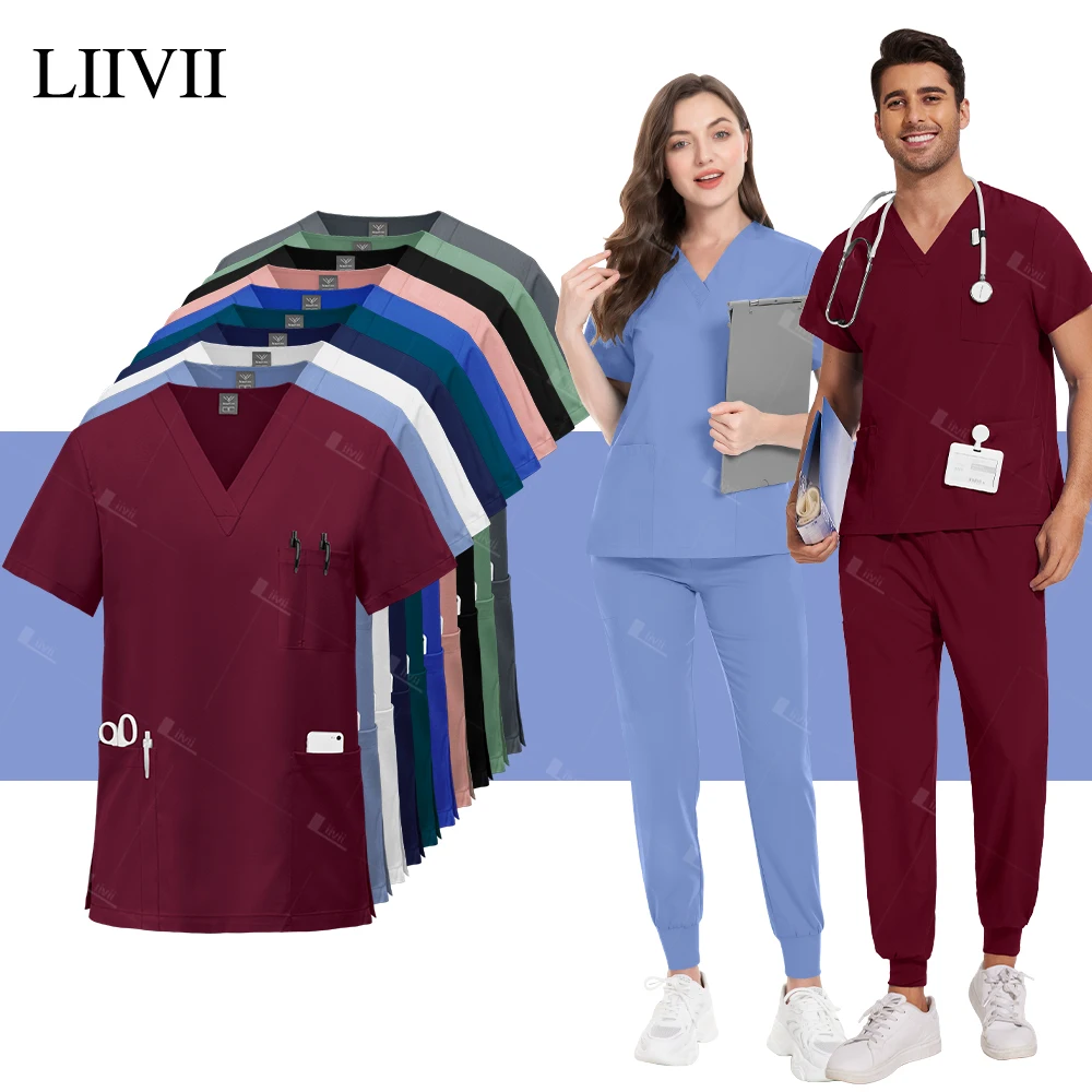 Multicolour Jogger Suit Doctor Nursing Surgical Uniforms Unisex V-neck Top Pocket Pant Nurse Scrubs Set Medical Clinical Clothes