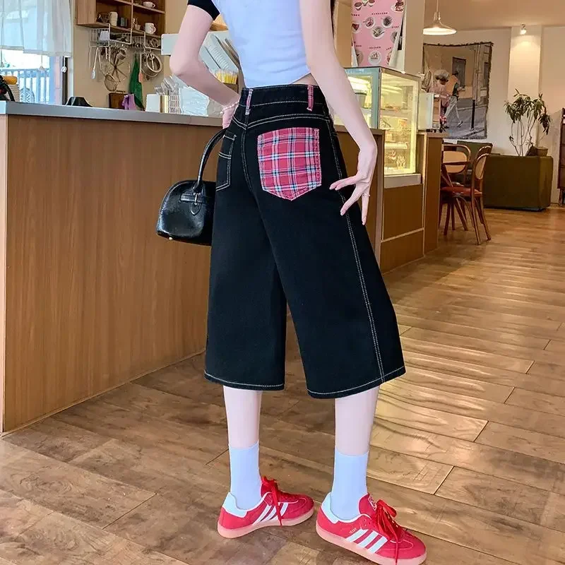 

Pop High Waist Straight Leg Seven-Foot Denim Shorts Women Summer Spicy Girl Trendy Checkered Patchwork Design Wide Leg Shorts