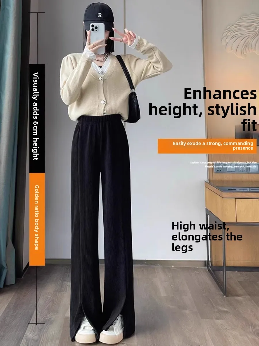 حجم كبير 300 Pou المرأة عارضة الكاكي السراويل عالية الخصر التخسيس سبليت جرس بوت المخملية واسعة الساق السراويل