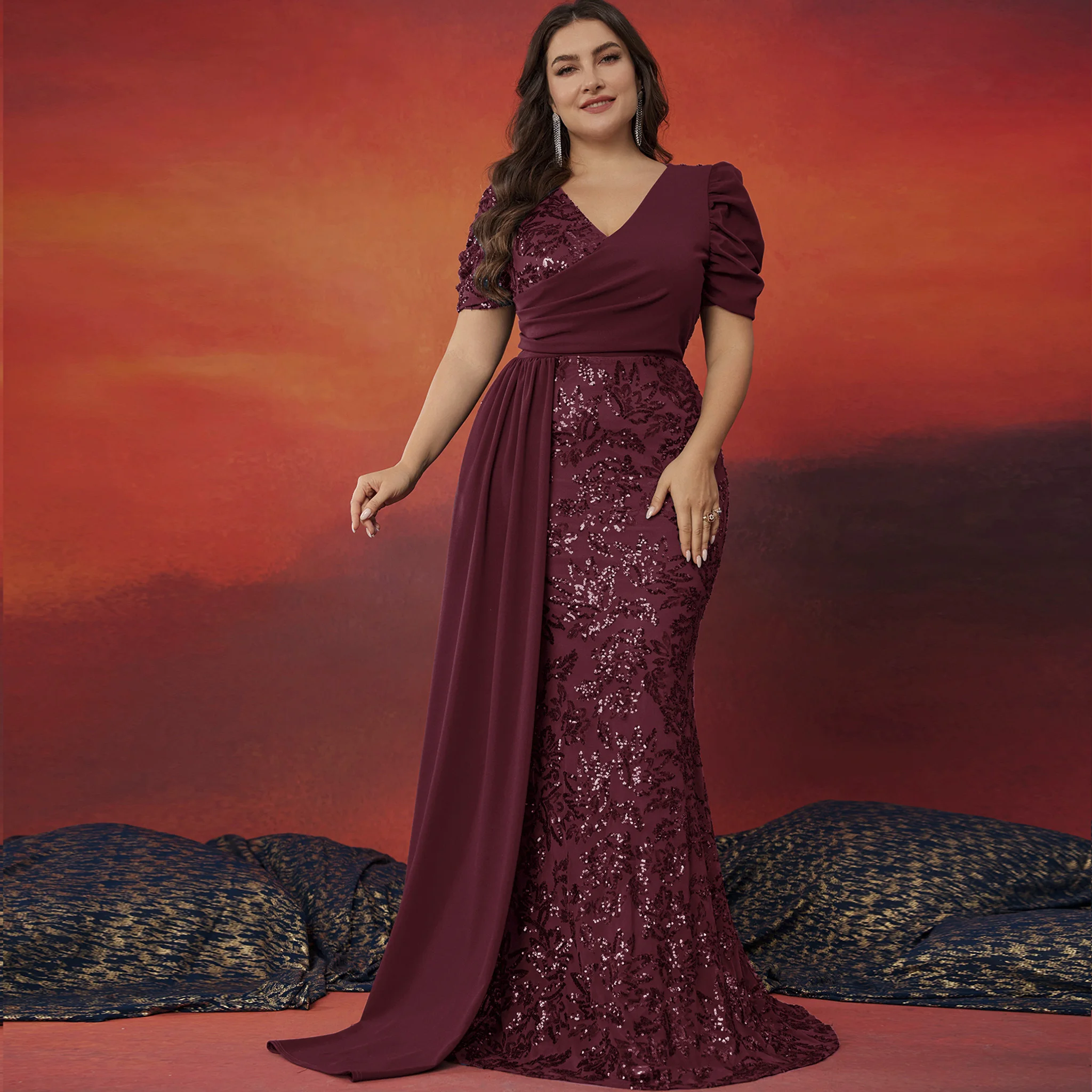 Rosymae plus Size Mermaid Dress Short Sleeve V-Neck High Back Ruched Sleeves Ruffles Evening Party Wedding Formal Event Dress