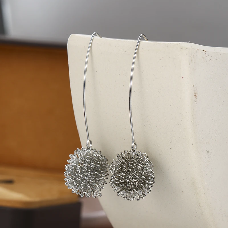 1pair Earrings Dahlia Earrings Silvery Modern Design Silvery Wire Ball Earrings - Similar To Dandelion Earrings Unique Earrings