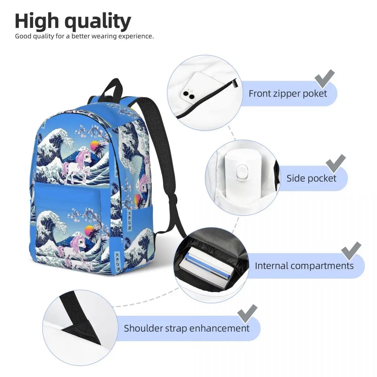 Unicórnio a grande onda kanagawa mochila para homens e mulheres, mochila para estudantes, arte japonesa, laptop, bolsa para computador, moda ao ar livre