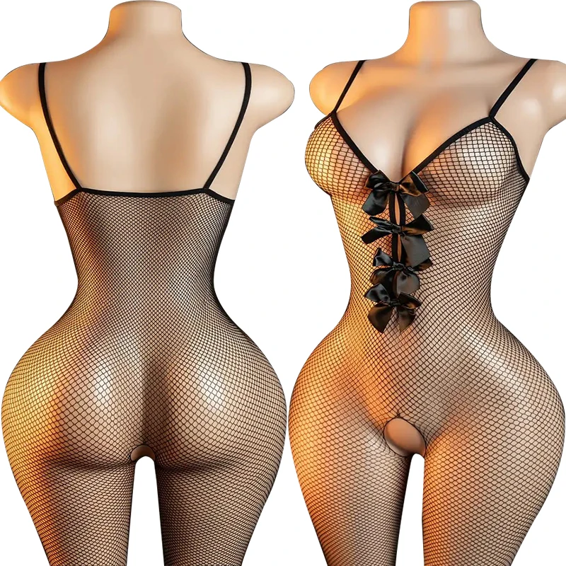 Porn Lingerie One Pieces Sling Sexy Open Crotch Underwear Bodysuits Bow Exposed Chest Bodystocking Mesh Hollow Teddies Bodysuit