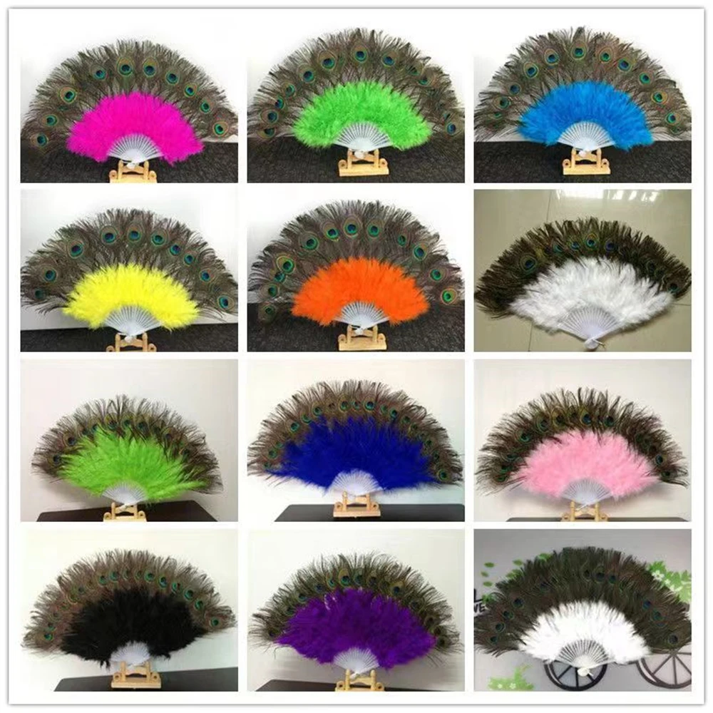 Feather Peacock Fan Wedding Showgirl Dance Performance Props Large Peacocks Feathers Folding Hand Held Fan Wall Decorative Fans