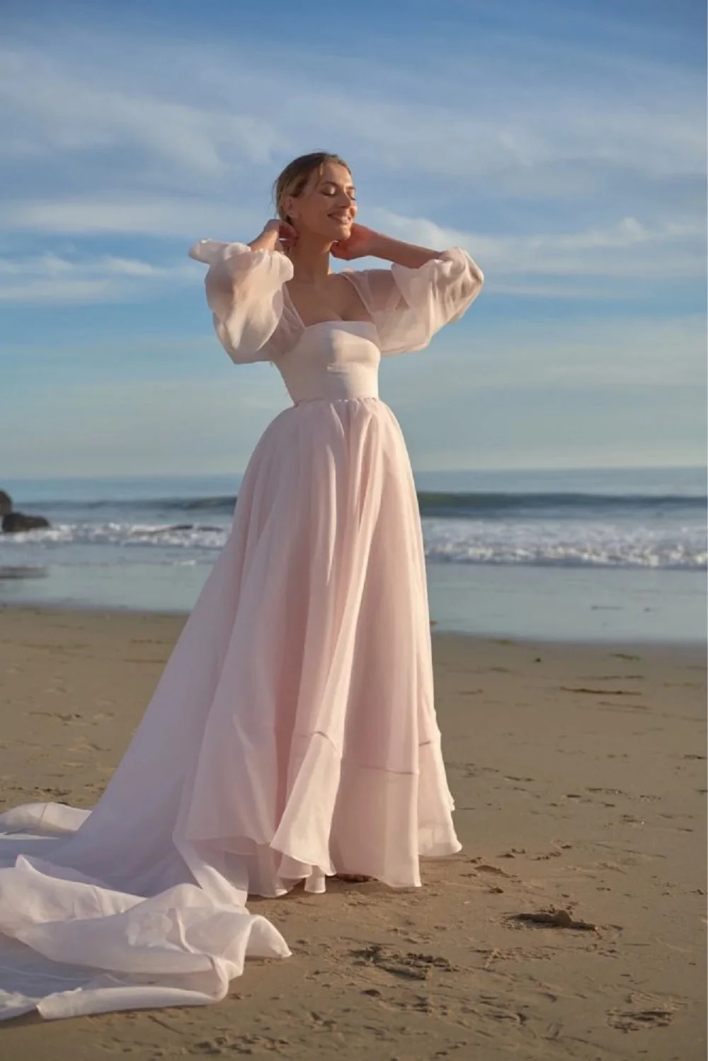 Eeqasn-Vestidos de Fiesta formales de manga larga abullonada para mujer, vestidos de Organza con cuello de barco, vestidos de graduación de playa, vestido de fotografía de boda de tren largo