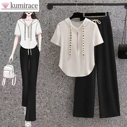 Oversized Women's 2023 Korean Summer New Hat Drawstring Short Sleeve Sweater T-shirt Wide Leg Pants Two Piece Pants Set