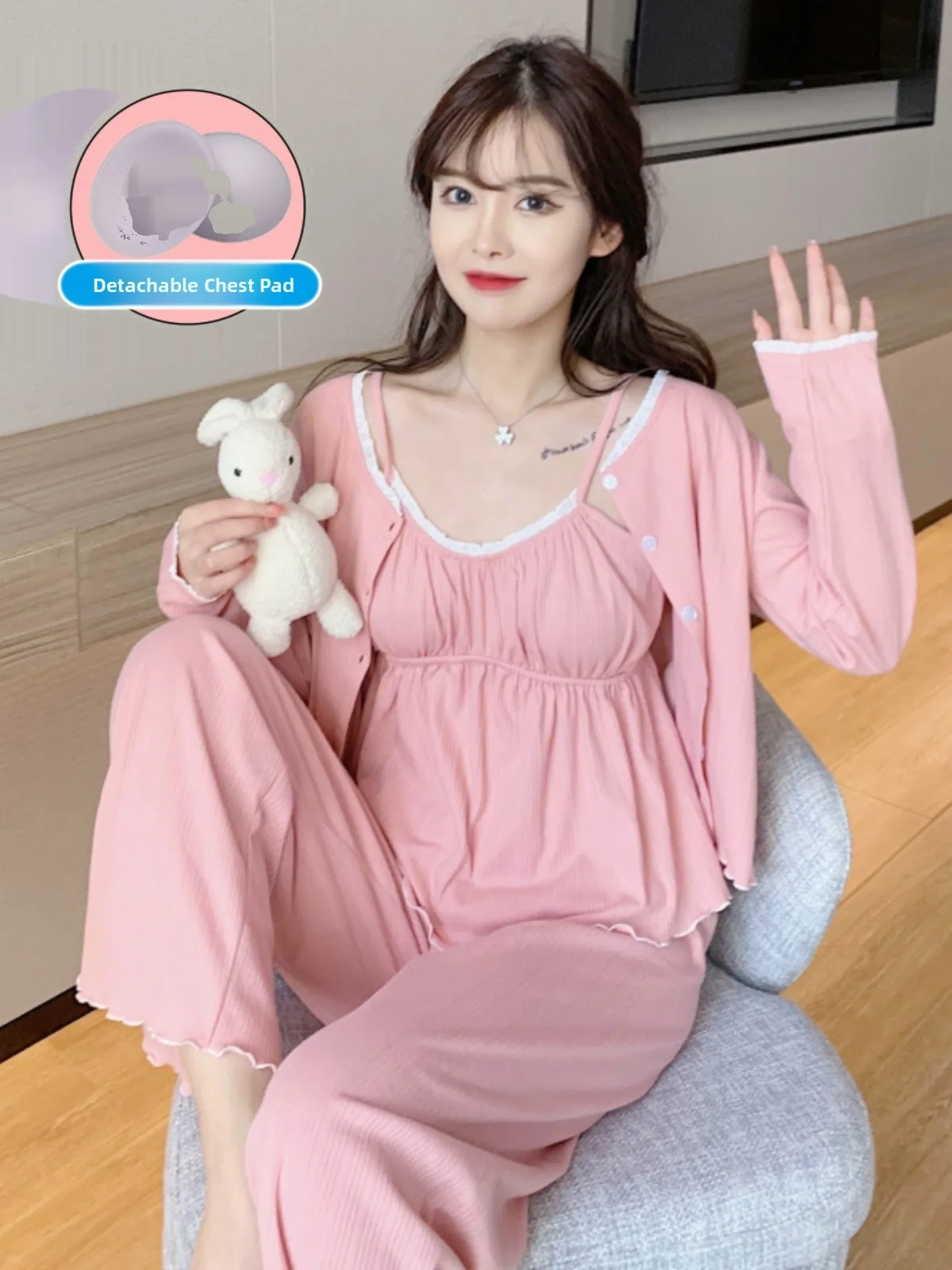 

Sexy Strap Cotton Spwear Set Women's Summer Long Pants Tee-Piece Home Clothes Set Sweet Sle Long Sve round Ne Pur...