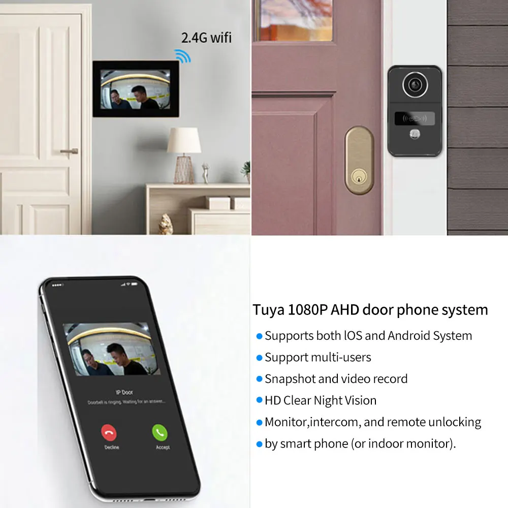 2 Wire 1080P 7 / 10 Inch WiFi Video Intercom Tuya Smart Home APP Video Door Phone RFID Access Control System for Villa Apartmen