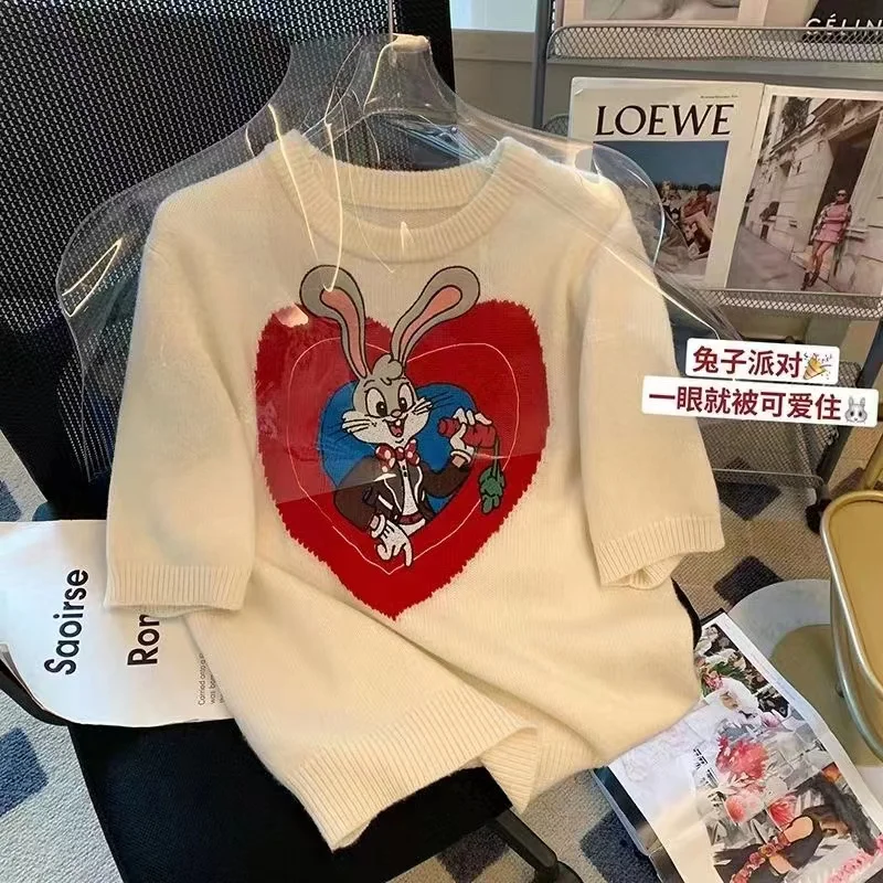White Rabbit Love Letter Knit T-shirt Women\'s Short Sleeve Sweater Summer 2024 New Casual Loose Knitwear Crop Top Y2k T Shirts