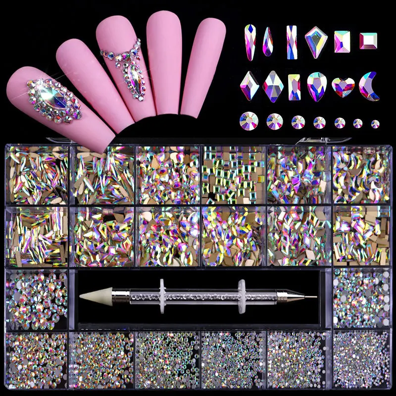 Luxury Shiny Diamond Nail Art Rhinestones Crystal Decorations Set AB Glass 1pcs Pick Up Pen In Grids Box 21 Shape About 2800pcs