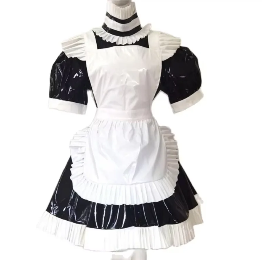 Adulto gigante bebé chica Sexy negro fino PVC Sissy vestido de manga corta delantal blanco sirvienta japonesa juego de rol personalizado con cerradura
