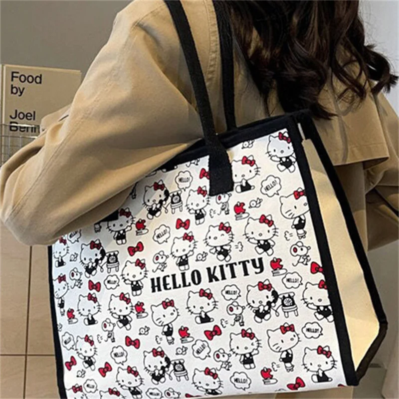 Hello Kitty All Match Retro Canvas Bag Women Commuter Shoulder Handbag Girl Student Large Capacity Cartoon Schoolbag