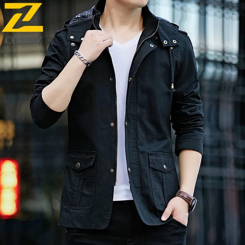 2025 Autumn High Quality Jacket Men's Fashion Cotton Windproof Multi-pocket Work Coat Outdoor Hunting Hiking Hooded Overcoat Man