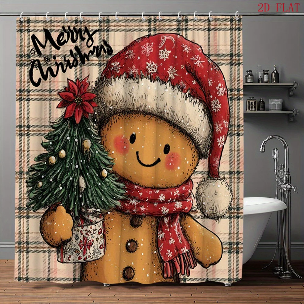 1pc Holiday Shower Curtain, Featuring Cute Gingerbread Men, Christmas Trees, And Snowflakes, Perfect for Holiday Bathroom Decoration. Made of Polyester Fabric, It Measures 70.8 Inches X 70.8 Inches And Includes 12 Hooks