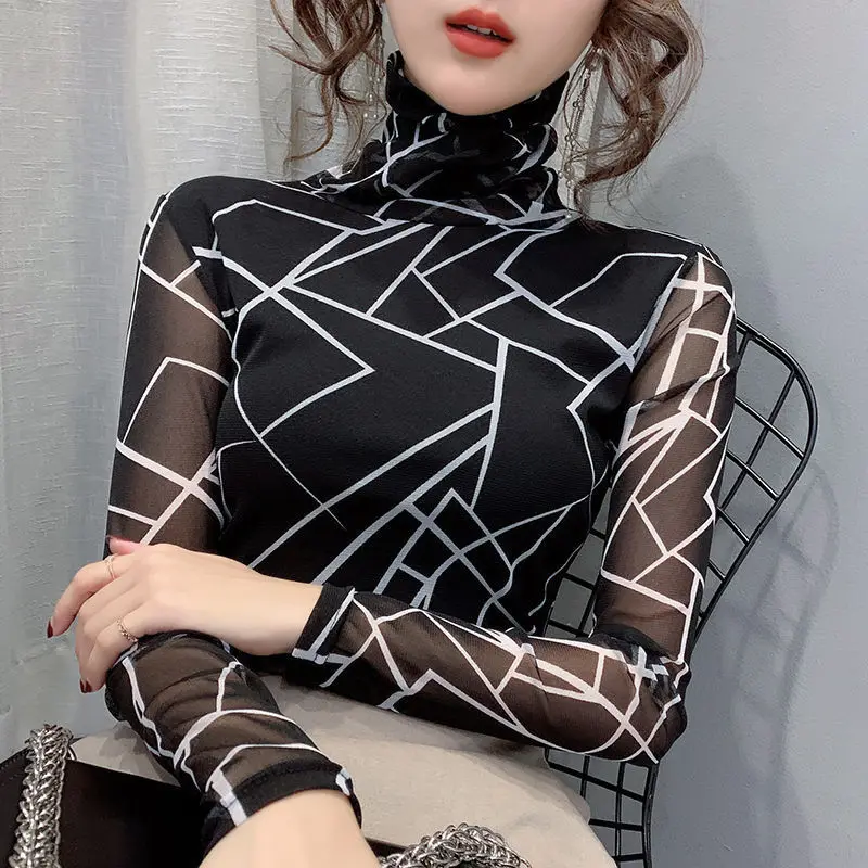 Woman Mesh Turtleneck Autumn T-Shirt Female Fashion Casual Long-Sleeved Printing Slim Tops Lady Long Sleeve Bottoming Shirt G251