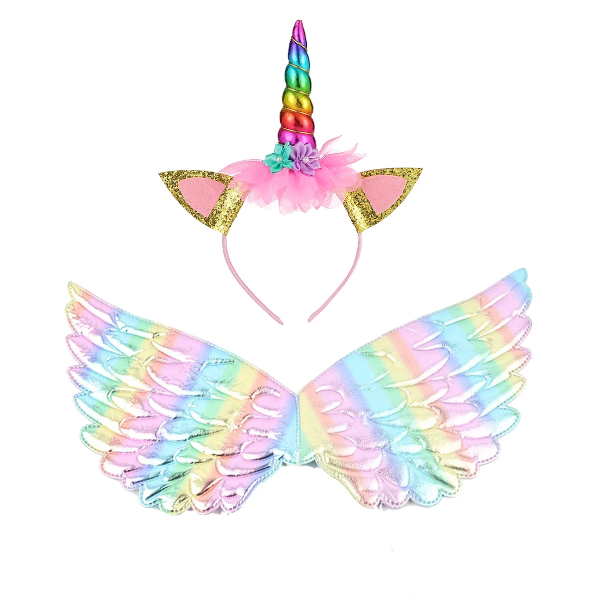 Unicórnio Fairy Angel Wings para meninas, arco-íris Headband, decoração de festa de aniversário, princesa vestir brinquedos, Cosplay Play Favors