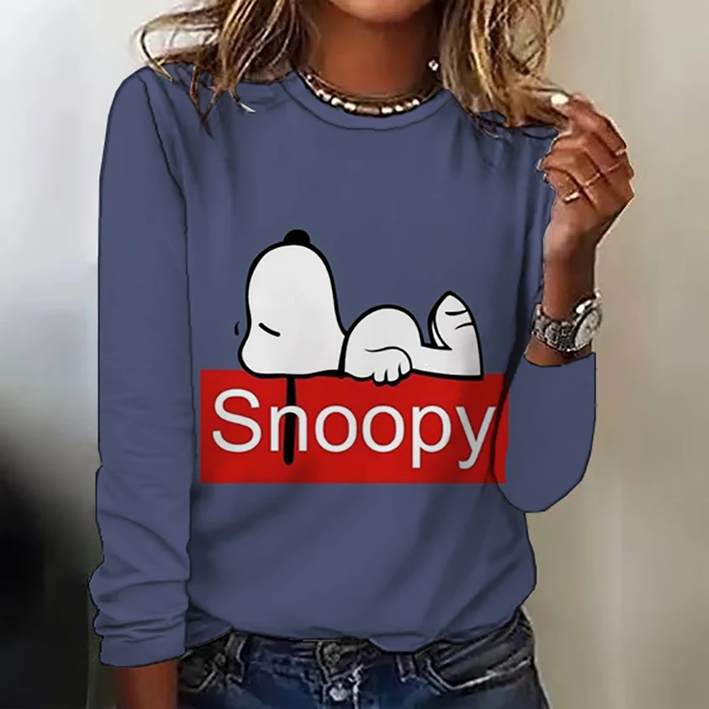 2024 Women's Autumn Casual T-Shirt Fashion Snoopy Print Long-Sleeved Pullover New Oversized Round Neck Loose Top